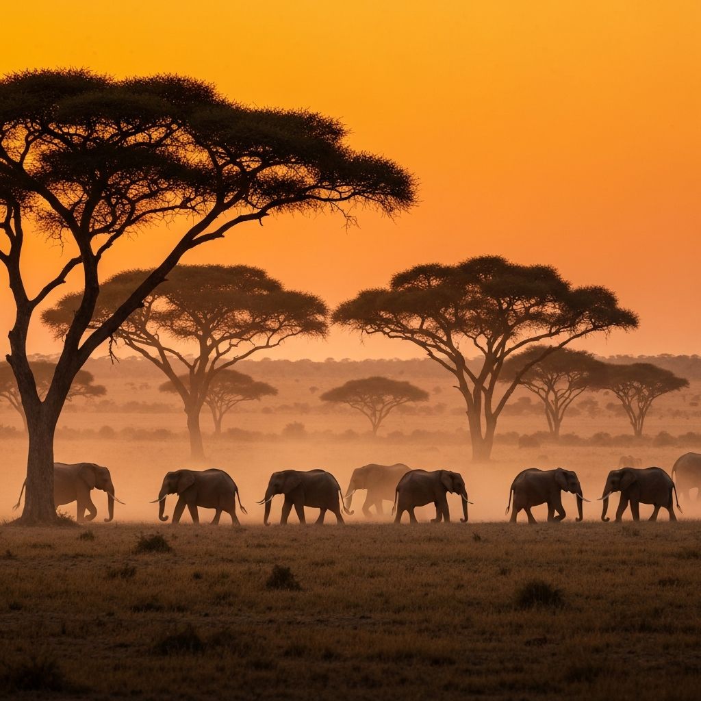 African safari at sunset with elephants